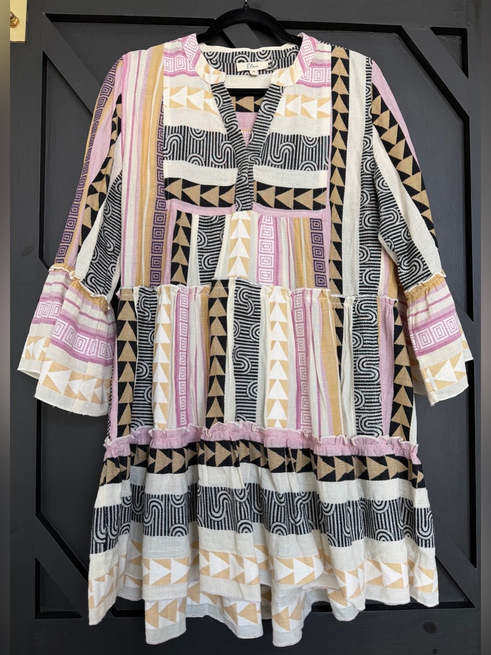 Elan Charli Dress in Tan/Purple Tribal Print, Size Medium - Picture 4 of 12
